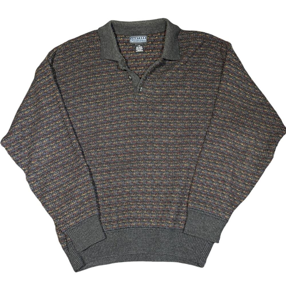 Jantzen Sweater L Gray Multicolor Mens Knit Polo Collar Vintage Pullover